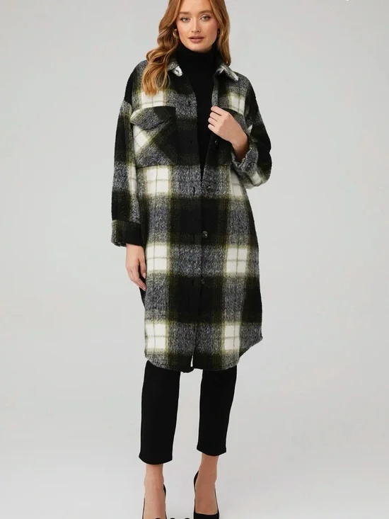 Steve Madden Olive Green Black White Plaid Longline Shacket - Picture 5 of 6